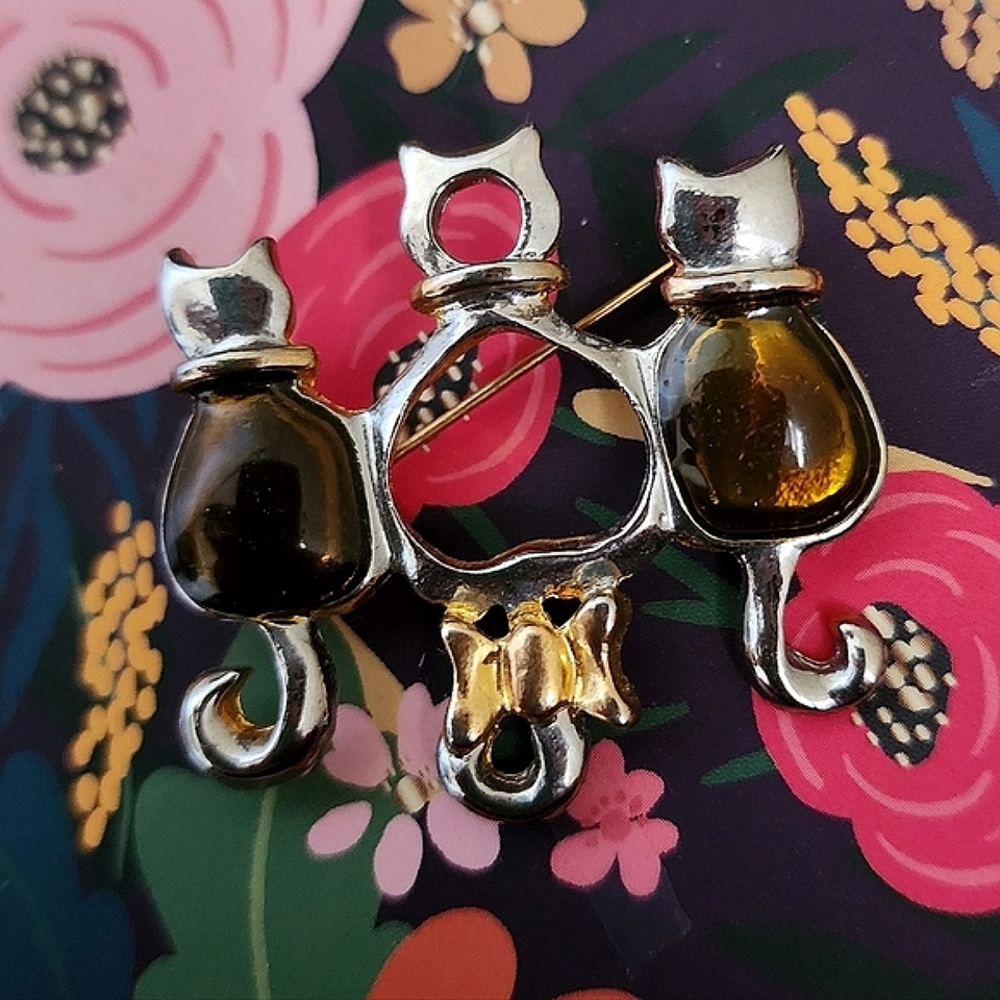 🌷Vintage Cat Brooch Silver & Gold-tone